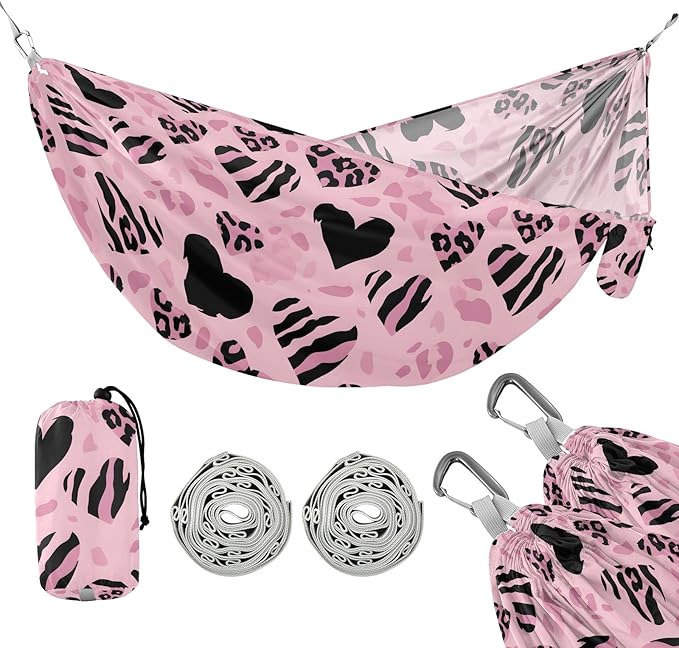 Camping Hammock Outdoor Hammocks for Outside Pink Heart-Shaped Leopard Beach Trees Portable Lightweight with Pockets Tree Straps Indoor