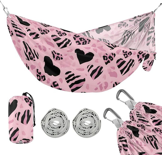 Camping Hammock Outdoor Hammocks for Outside Pink Heart-Shaped Leopard Beach Trees Portable Lightweight with Pockets Tree Straps Indoor
