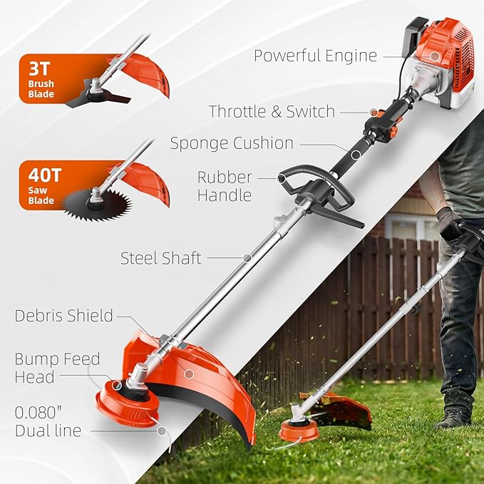 62cc Gas Powered Weed Eater String Trimmer, 3 in 1 Gas Weed Wacker, Powerful 2 Stroke Yard Tool,Quick Start Grass Cutter for Home Garden Lawn Trimming