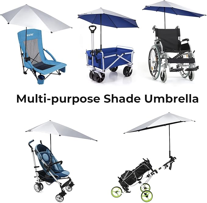 Prospo Adjustable Beach Umbrella with Universal Clamp, Portable UPF 50+ UV Protection Umbrella for Chair, Wheelchair, Golf Cart, Stroller, Bleacher, Patio