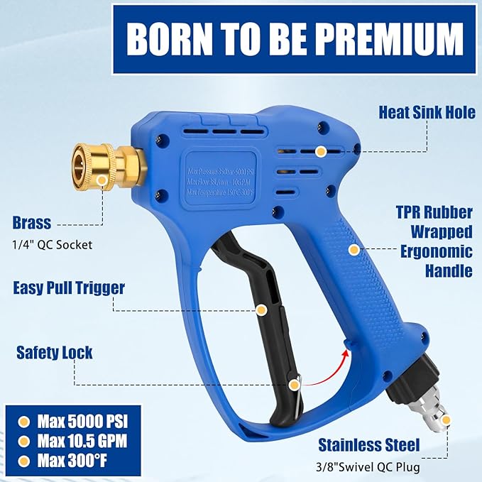 Stubby Swivel Pressure Washer Gun - 5000 PSI / 10 GPM with 3/8" Male Plug and 1/4” Quick Connector and M22-14mm M22-15mm Connector Comprise 5 Nozzle Tips - Compatible with Foam Cannon