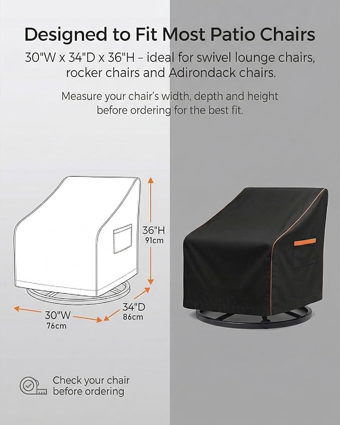 Patio Chair Covers Waterproof, Heavy Duty 600D Lawn Outdoor Furniture Covers for Swivel, Lounge, Rocking & Adirondack Chairs, All-Weather UV & Fade Resistant, 30W x 34D x 36H in, 2-Pack Black