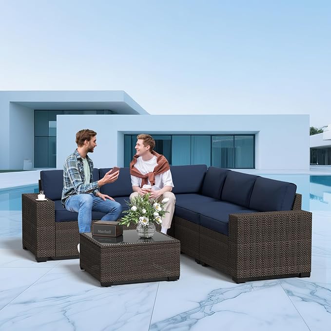 SHGJ&SOFT 6pcs Outdoor Patio Furniture Set, Waterproof Wicker Outdoor Sectional Couch with Thick Cushions, All-Weather Rattan Sectional Sofa (Dark Blue 1, 6 pcs)