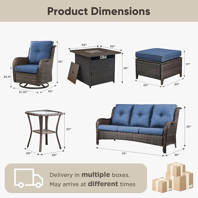 Belord Patio Furniture Set with Fire Pit Table,7 Piece Wicker Outdoor Furniture Set, Swivel Rocker Chairs with Ottomans and Sofa, All Weather Patio Conversation Set, for Pool,Yard,Brown Wicker/Blue