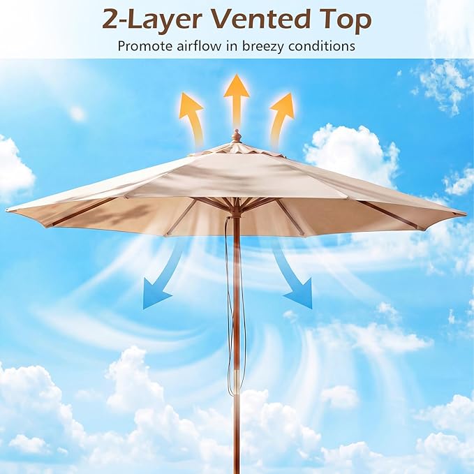 Tangkula 9 FT Patio Umbrella, Outdoor Table Market Umbrella with 8 Wooden Ribs, 3 Adjustable Heights, Rope Pulley System for Garden, Vented Top for Pool Backyard Deck Garden