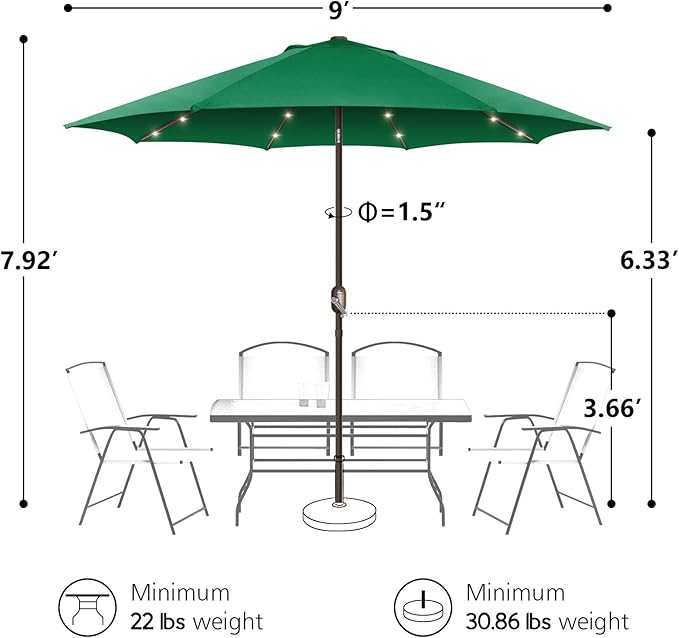 Patio Umbrella with Solar Lights, 9ft, 24 LED, Grass Green, Outdoor Umbrella with Push Botton Tilt & Crank, Heavy-Duty, Vented, Ideal for Garden, Backyard & Pool