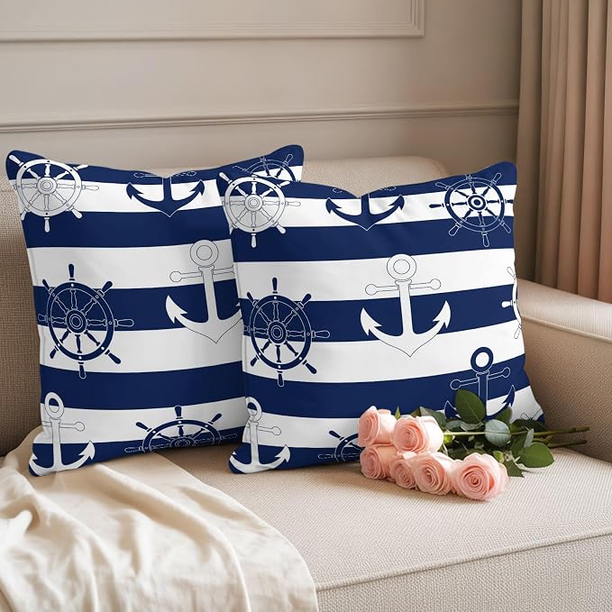 Nautical Ship Anchors Waterproof Outdoor Pillow Covers Set of 2 Home Decor, Coastal Navy Blue Stripes Pillowcase Patio Pillow Covers for Couch Bench Patio Furniture Garden 26x26in