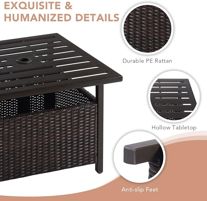MAT EXPERT Umbrella Table with Hole, Outdoor Side Table w/ 1.57” Umbrella Hole, Steel Frame, Wicker Patio Umbrella Side Table Lawn/Garden/Poolside/Deck/Backyard, 22”x22”x18.5