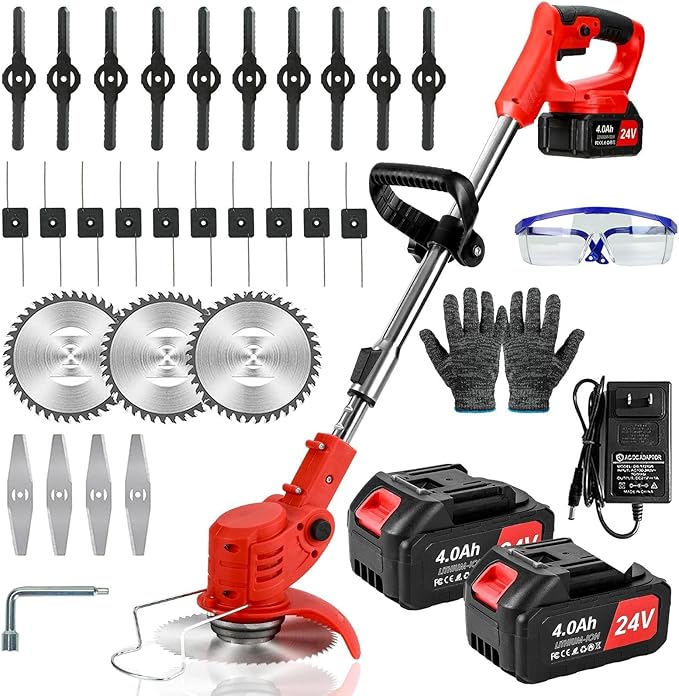 3-in-1 Cordless Grass String Trimmer, Brush Cutter & Edger Lawn Tool with 2X 24V 4.0Ah Li-ion Batteries, Telescopic Shaft and 17 Replacement Blades for Lawn Care, Garden & Yard Trimming (Red)