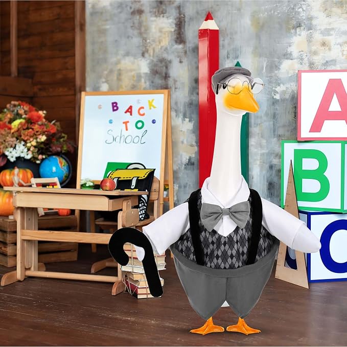 Old Man Goose Outfits Porch Goose Clothes Fits 23" Cement Plastic Goose Statue Grandpa Goose Outfit with Wig Glasses Pearl Necklace for School Outdoor Garden Lawn Yard Patio Art Decor (Style2)