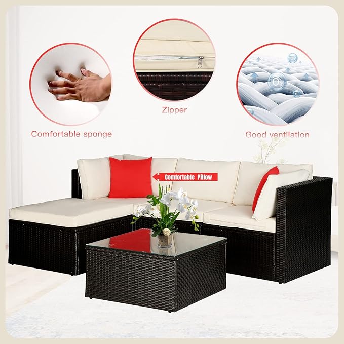 5 Pieces Patio Furniture Sets Outdoor Furniture Patio Sofa Wicker Sectional Sofa Modular Outdoor Conversation Set with 2 Red Pillow 2 Corner Chairs Armless Chair Ottoman Glass Table,Khaki Cushion