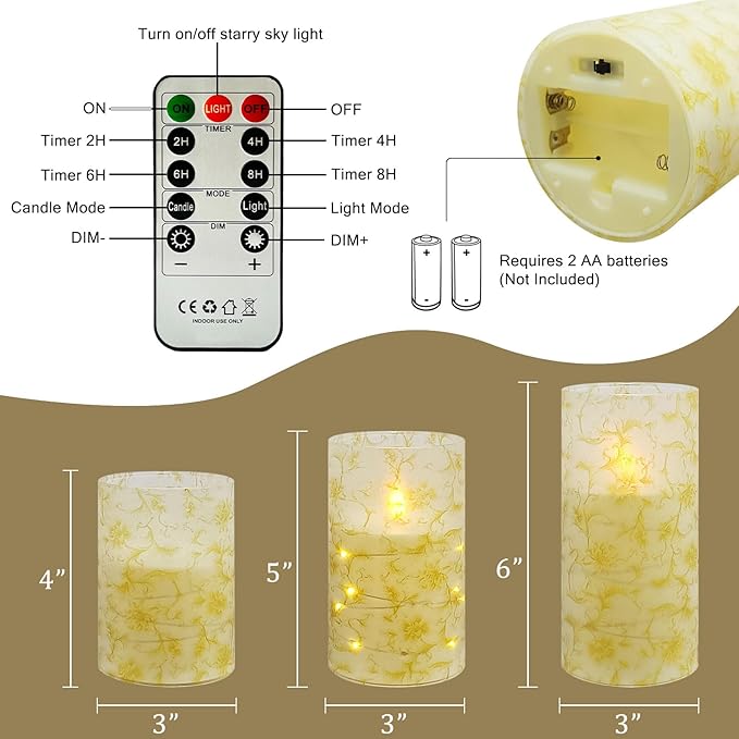 Flickering Flameless Candles, Recessed String Light LED Candles 3D Wick Acrylic Battery Operated LED Pillar Candles with Remote and Timer for Modern Simple Home Decor Set of 3(Gold Flower)