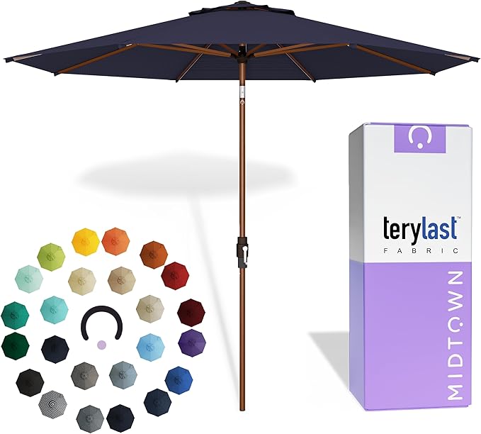 Midtown Umbrellas Wooden 2-8 Ft Patio Umbrella with 360° Swivel & Tilt Mechanism, 8 Fiberglass Ribs & Terylast Polyester Fabric for Deck, Pool, Garden & Porch - Navy Canopy, Wooden Pole