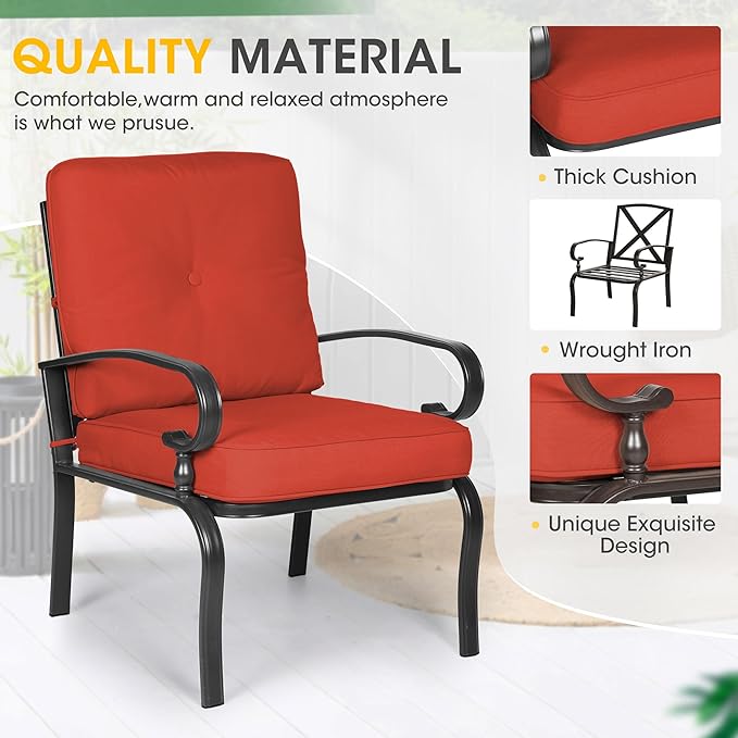Incbruce 5 Pcs(6 Seats) Outdoor Metal Furniture Sets Wrought Iron Patio Conversation Sets, (Glider, 2 Single Chairs, Loveseat, and Coffee Table) with Cushion (Red)