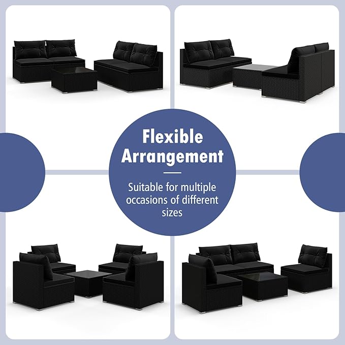 Tangkula 5 Piece Rattan Sofa Set, Outdoor Wicker Furniture Set w/Seat & Back Cushions, Square Coffee Table, Patio Sectional Sofa Set for Backyard, Poolside, Garden (Black)