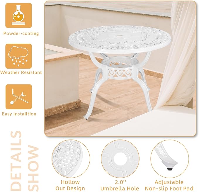 5 Piece Patio Dining Set, Outdoor Table and Chairs Set for 4 Cushioned Swivel Rocking Chairs and 38.5'' Round Table, All-Weather Cast Aluminum Patio Funiture Set, 2'' Umbrella Hole, White