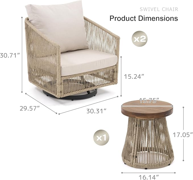 SUNSITT 3-Piece Patio Furniture Set, Outdoor Swivel Chairs with Wood Top Coffee Table, Modern Open Weave Wicker Patio Set for Balcony, Porch, Backyard, Deck, Natural Color