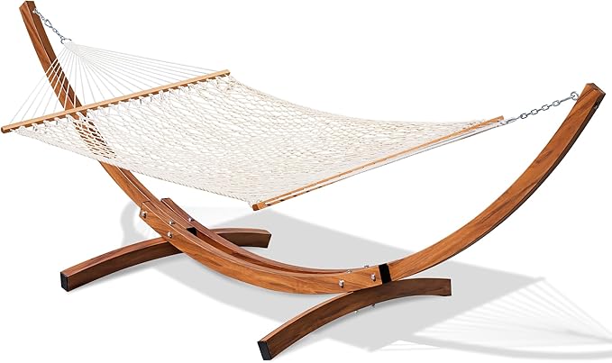 Lazy Daze Hammocks Double Rope Hammock with 13 FT Curved Steel Heavy Duty Stand for Outside, Backyard, Patio, 450 Lbs Capacity, Natural