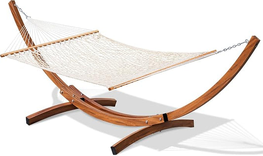 Lazy Daze Hammocks Double Rope Hammock with 13 FT Curved Steel Heavy Duty Stand for Outside, Backyard, Patio, 450 Lbs Capacity, Natural