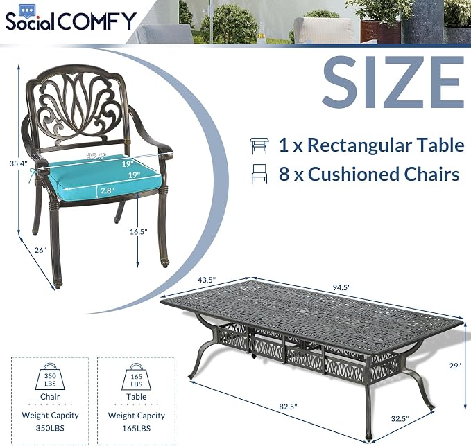 9-Piece Patio Cast Aluminum Dining Set, Outdoor Dining Furniture Set for 8 Person, Includes 94.5" Rectangular Dining Table and 8 Cushioned Chairs with Umbrella Hole, Ocean Blue