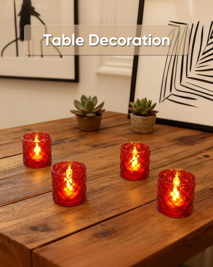 Homemory 2" x 2" Acrylic Votive Candle Holders with Auto Timer Flameless Led Tealight, Battery Powered Fake Electric Candles for Wedding Centerpiece, Table, Christmas Decor (6Pack, Red Base)
