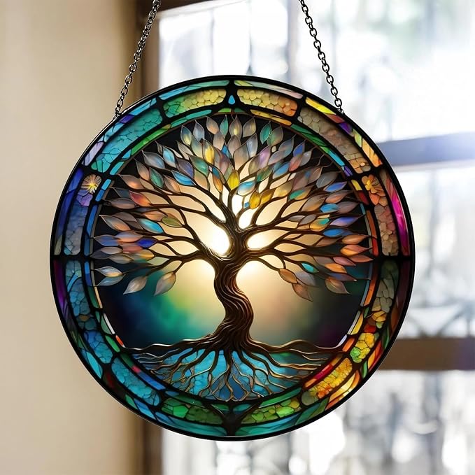 Colorful Tree of Life Suncatcher | 7.9 in, Stained Glass, Window Hanging Catcher, Garden Decor