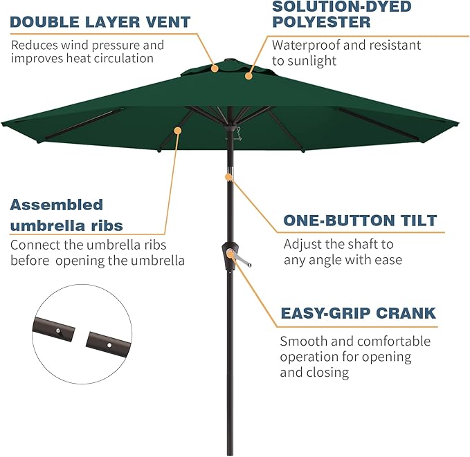 10FT Patio Umbrella, Outdoor Umbrella with Push Button Tilt and Crank, 8 Sturdy Ribs, UV Protection & Waterproof Market Umbrella for Pool, Backyard, Beach,Deck (Dark Green)