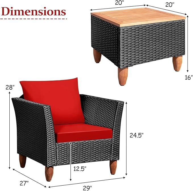 COSTWAY 3 Pieces Patio Rattan Furniture Set, Outdoor Wicker Conversation Chairs Set with Acacia Wood Coffee Table & Washable Cushion, Porch Furniture Bistro Set for Balcony, Garden, Backyard, Red