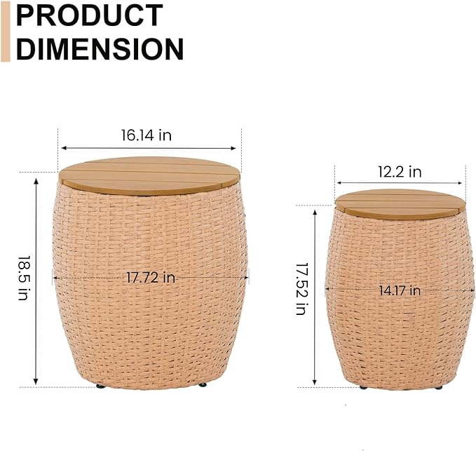 Sundale Outdoor Side Table Set of 2, Wicker Round Patio Barrel Side Tables with Storage Basket, Rattan End Table for Patio, Porch, Poolside, Garden Stool, Lounge Chair