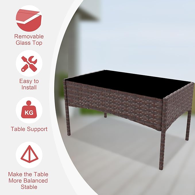 IDEALHOUSE Patio Furniture Set, 4-Piece PE Rattan Wicker Patio Set with Cushions and Glass Table, Outdoor for Porch, Garden, Balcony, Modern Outdoor Patio Furniture Set, Brown & Red