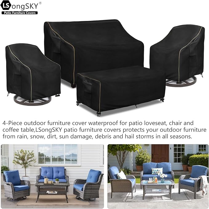 Patio Furniture Covers 4 Piece Set, 600D Heavy Duty Outdoor Furniture Covers Waterproof for Patio Loveseat, Swivel Rocker Chair and Coffee Table,Black