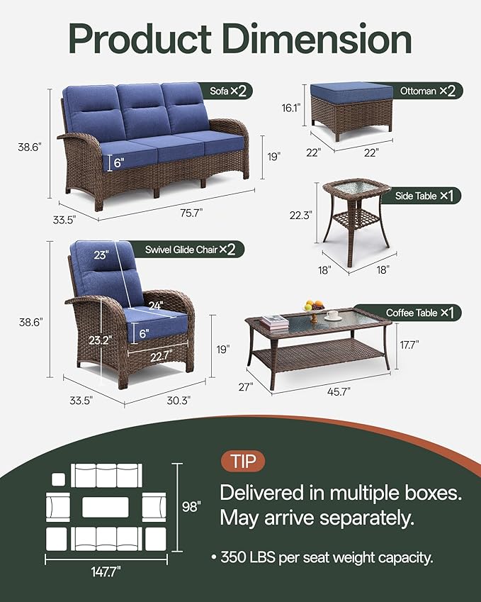 8-Piece Patio Furniture Set with 6-Inch Thick Cushions, High Back Outdoor Couch and Arm Chairs, All-Weather Conversation Set for Porch, Deck, Yard, Pool in Blue