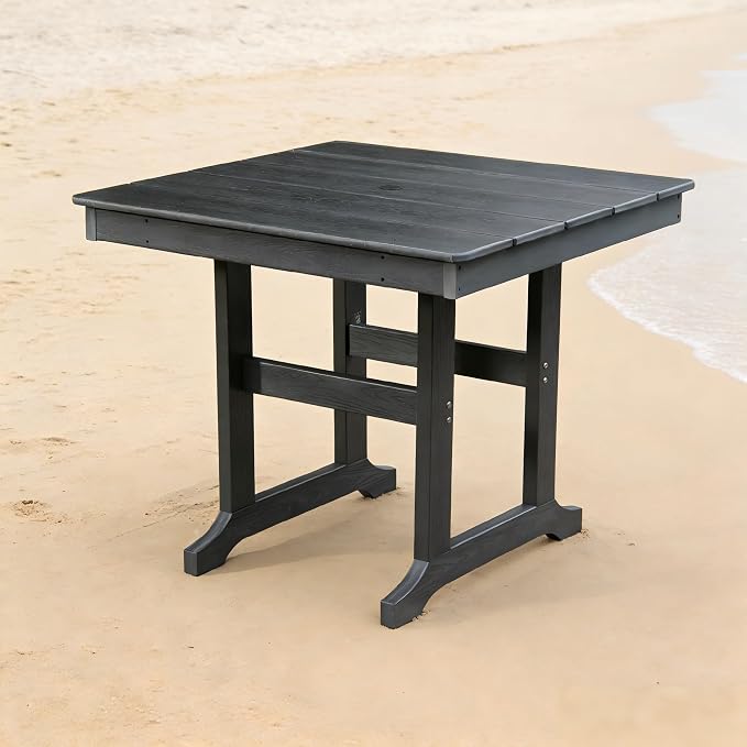 HDPE Patio Dining Table for Backyard BBQ and Pool Parties: Umbrella Hole, Supports 220 lbs, Weather Resistant - 35.43'' Round