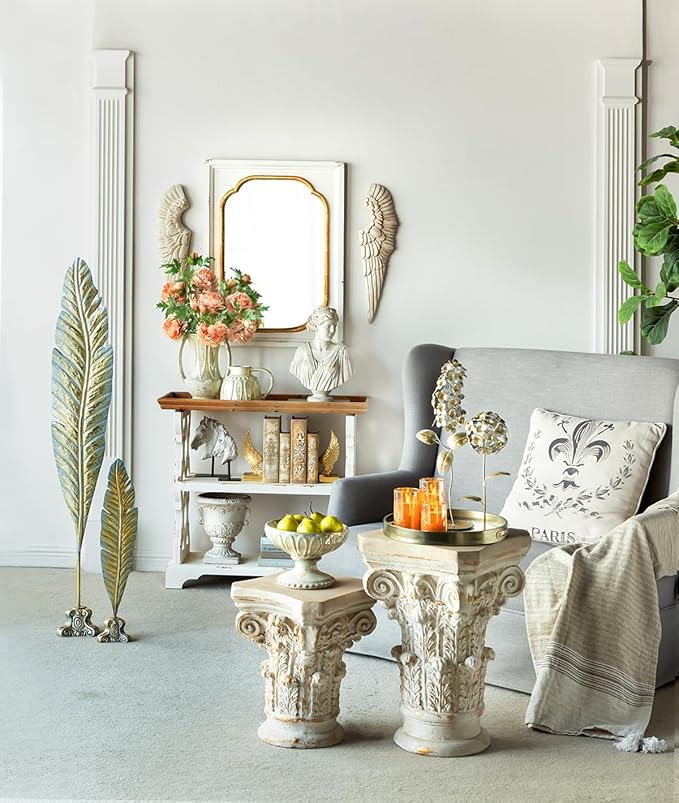 Small Side Table for Living Room, Farmhouse Rustic French Country MGO Pedestal Stand Ornate with Scrollwork Design and Gold Accents, Square Distressed Display Stand White 14x14x17.5