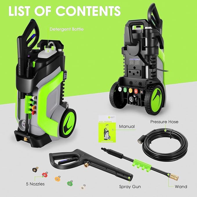 5000 PSI Electric Pressure Washer, 4.0 GPM Heavy Duty Power Washer with 33FT Pressure Hose, 5 Nozzles and Foam Cannon for Home/Cars/Driveways/Patios/Fences,Green