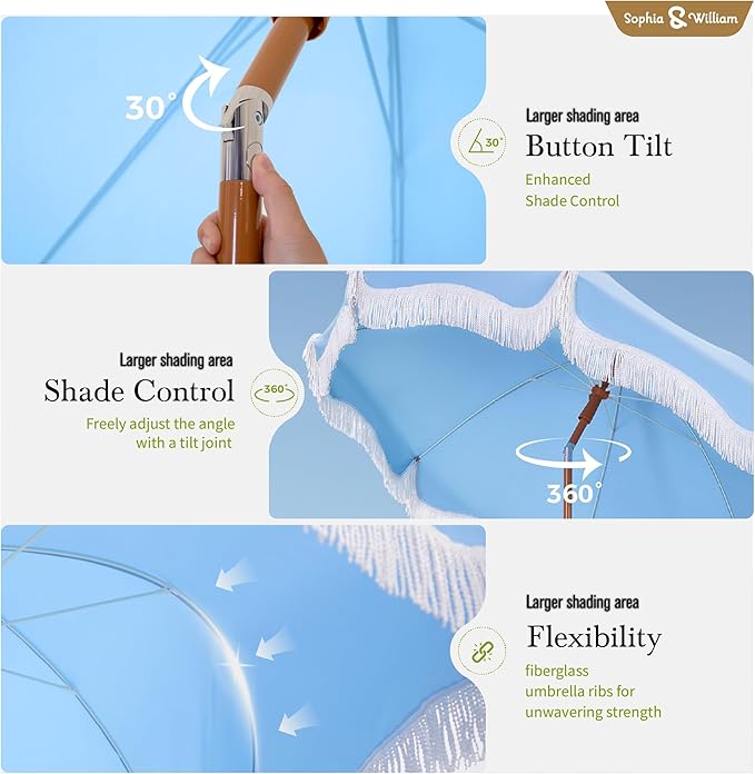 Sophia & William 7ft Outdoor Beach Umbrellas with Fringe, Portable Tilt Umbrellas for Sand, Patio, Lawn, Garden, Pool, Outing, Balcony