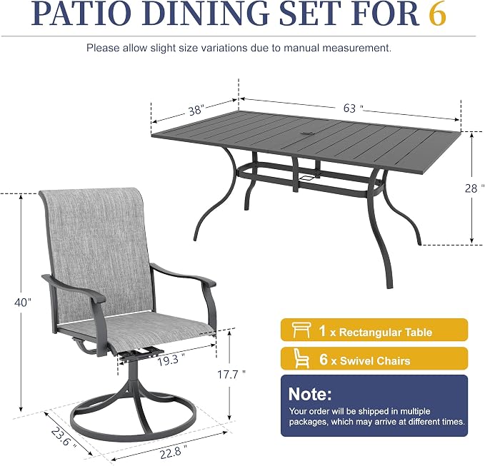 Anmutig 7-Piece Patio Dining Set, Outdoor Furniture 6 Sling Dining Swivel Chairs and Steel Frame Slat Larger Rectangular Table with 1.57" Umbrella Hole for Backyard, Grey