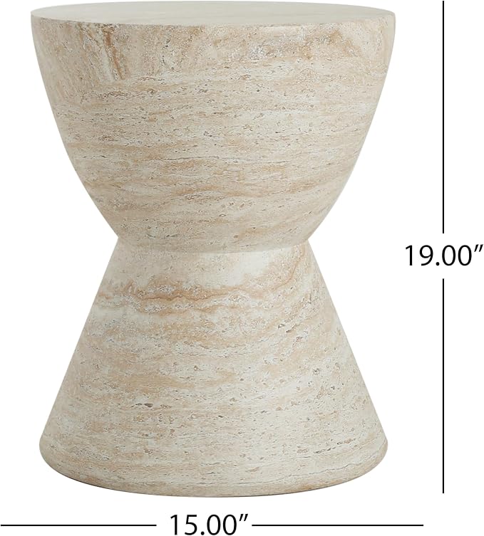 Outdoor Side Table Faux Marble Side Tables Travertine End Table Round Small Coffee Tables for Patio, Garden Stool Plant Stand for Porch, Backyard, Magnesium Oxide，Hourglass,Waist Drum