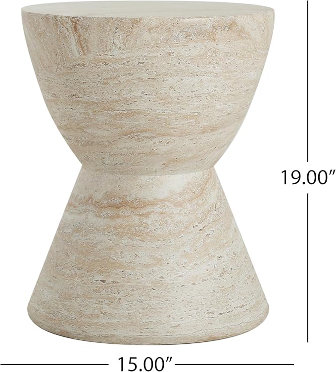 Outdoor Side Table Faux Marble End Table Faux Stone Side Tables Travertine Small Coffee Tables for Indoor Outdoor, Garden Stool Plant Stand for Porch, Backyard Patio, 15"*19" Beige