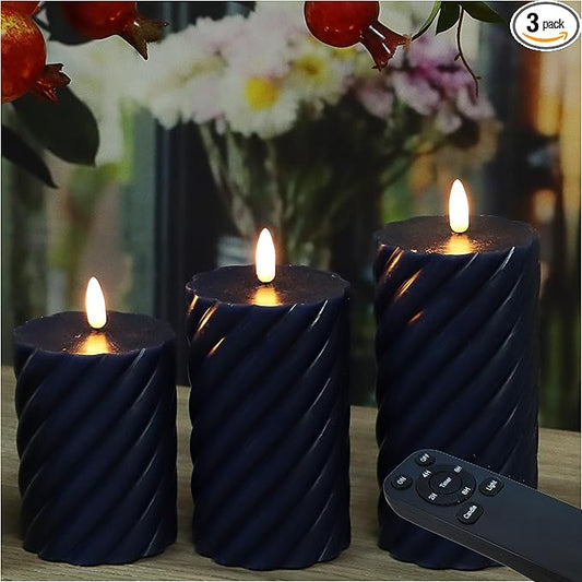 Battery Operated Flameless LED Candles with Remote Timer Real Wax Pillar Candles Electric Flickering decorative Navy Blue Wax Candles for Home Wedding Party Centerpiece Xmas Decor 3 PCS 3”X 4”, 5”, 6”