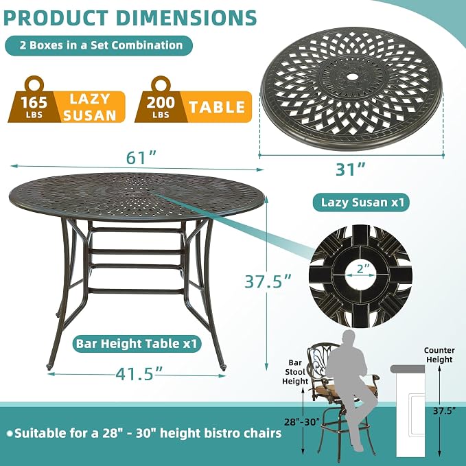 MEETWARM 61" Outdoor High Bar Dining Table for 8 Person, All Weather Cast Aluminum Large Round High Top Dining Table with 31" Lazy Susan, Patio Bar Height Table for Garden Backyard, 2" Umbrella Hole