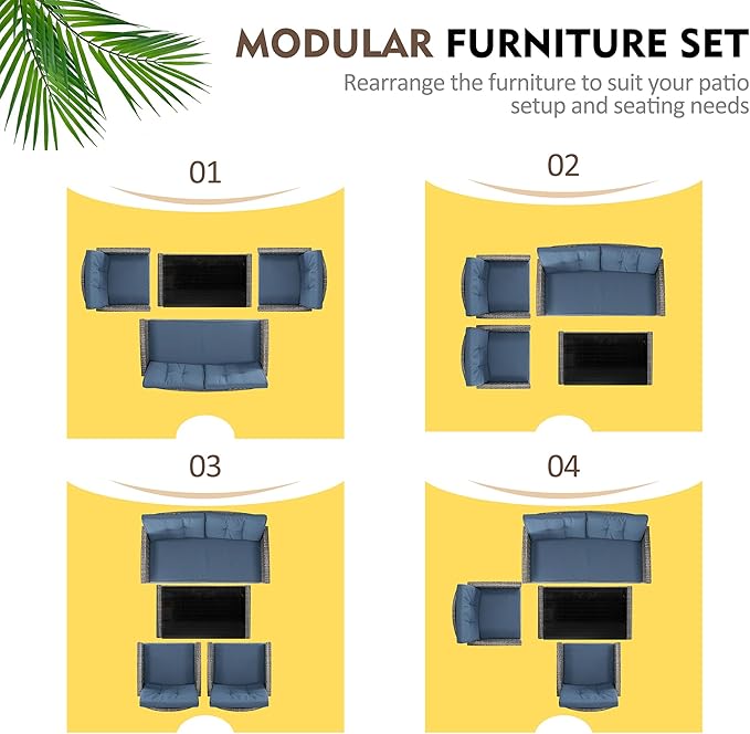 Shintenchi 4 Piece Patio Furniture Set, Outdoor Rattan Conversation Set with Coffee Table, Outside Wicker Sectional Sofa Couch with Cushion, Gray and Blue