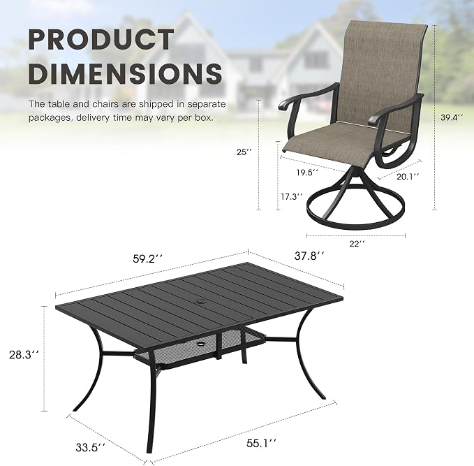Outdoor Dining Set for 6, 59.2" Metal Outdoor Dining Table with Umbrella Hole and Sling Patio Swivel Chairs, 7 Pieces Patio Table and Chairs Set for Garden Backyard, Mixed Brown and Black