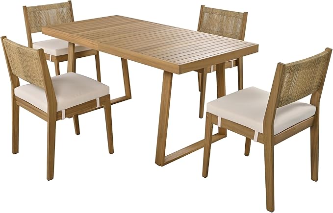 Merax Wood Outdoor Dining Table Set for 4,All Weather Patio Chairs with Soft Cushions and Jute Rope Knitted Back