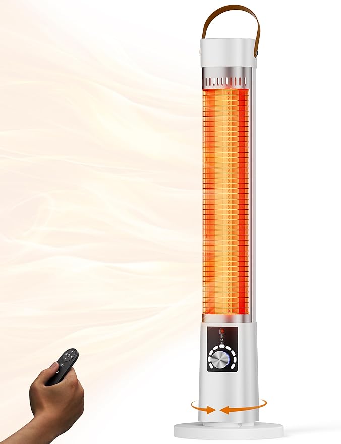 Patio Heater for Outdoor Use, Infrared Electric Outdoor Heater, 1500W Instant Heating, 60-Degree Oscillation, 9 Heat Levels, 9H Timer, Remote, for Garage, Backyard, Large Room, Indoor, 32.2", Pearl