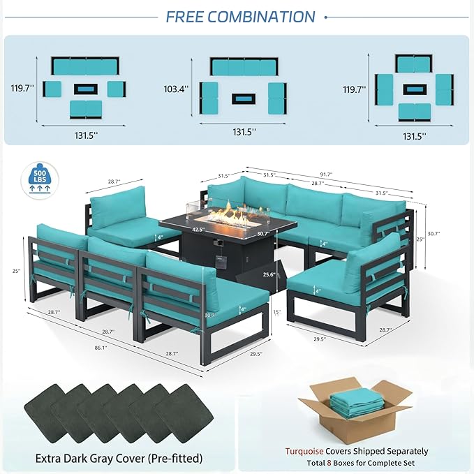 NICESOUL 9 Piece Modern Aluminum Patio Furniture Set with Fire Pit Table, 500 lbs Heavy Duty Outdoor Sectional Sofa, 29" Deep Wide Oversized Seating L Shaped Conversation Couch for Garden, Turquoise