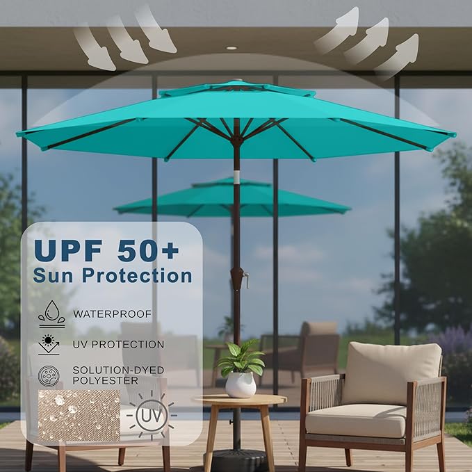 9ft 2-Tiers Patio Umbrella,Outdoor Market Table Umbrella with Push-Button Tilt & Crank | UV Protection,Suit for Backyard,Garden,Pool,Deck(Peacock Blue)