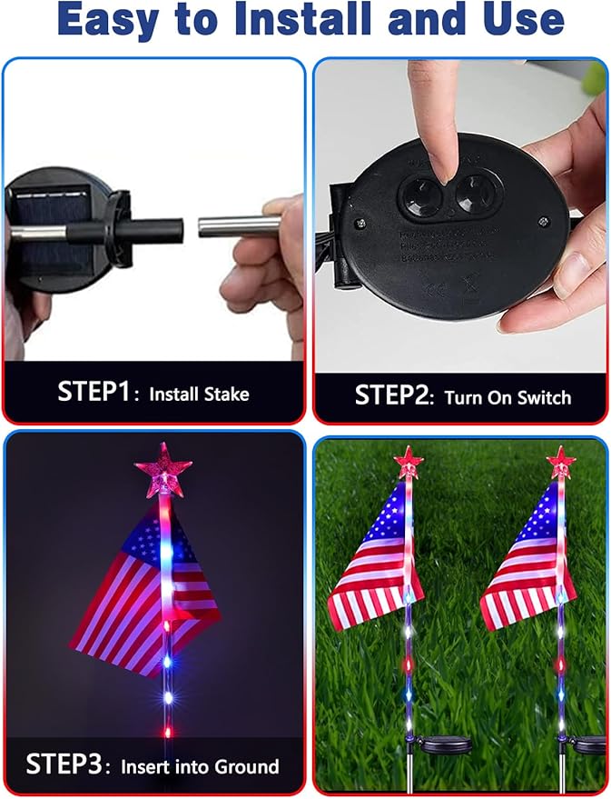 8 Pack Solar American Flag Lights Outdoor, 4th of July Decorations Outdoor, Waterproof Solar Flag Patriotic Lights for Yard, Garden, Pathway, Independence Day, 250th Anniversary (Red White and Blue)