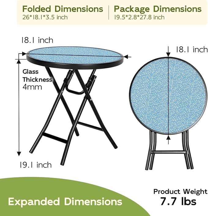Abba Patio Bistro Table,18" Round Folding Side Table with Tempered Glass Tabletop,Small End Table for Outdoor Indoor Yard Garden Balcony Coffee,Blue