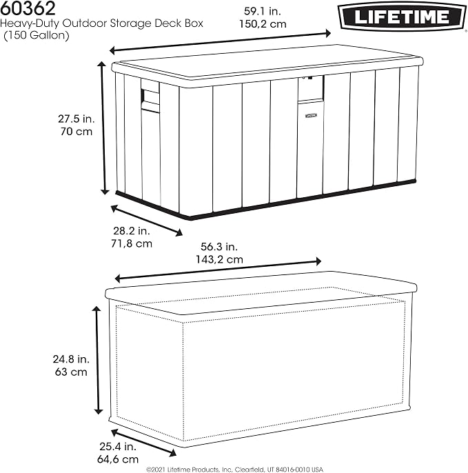 LIFETIME 150 Gallon Outdoor Storage Box, Gray Lid, 150.2 x 71.8 x 70 cm, Grey, 60362